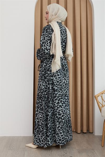 Leopar Desen Antrasit Viskon Elbise