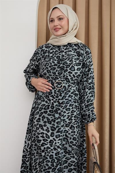 Leopar Desen Antrasit Viskon Elbise