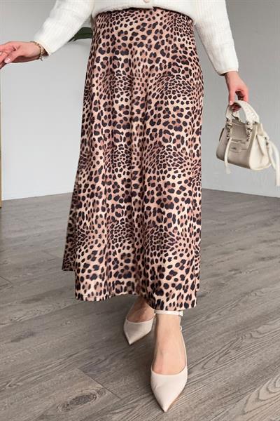 Leopar Desen Beli Lastikli Bej Etek