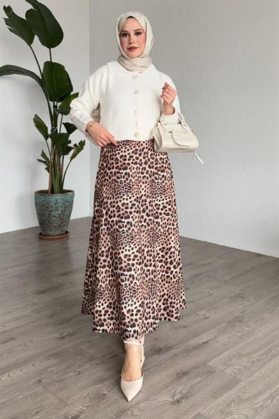 Leopar Desen Beli Lastikli Bej Etek