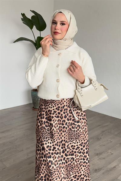 Leopar Desen Beli Lastikli Bej Etek