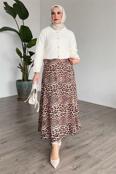 Leopar Desen Beli Lastikli Bej Etek