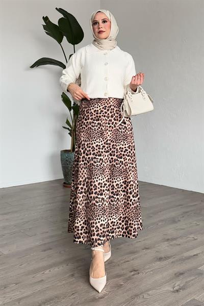 Leopar Desen Beli Lastikli Bej Etek