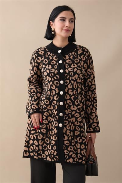 Leopar Desen Düğmeli Camel Hırka