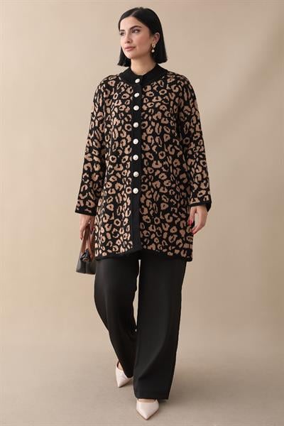 Leopar Desen Düğmeli Camel Hırka
