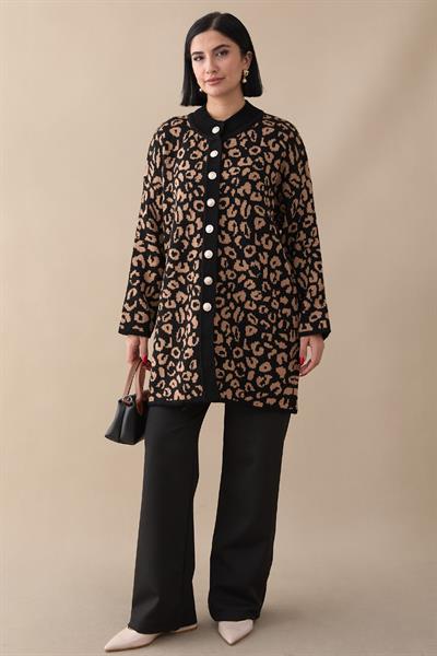 Leopar Desen Düğmeli Camel Hırka