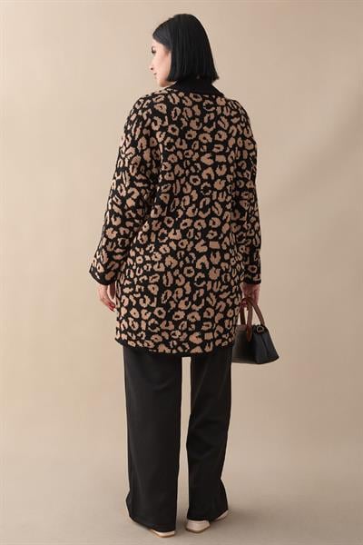 Leopar Desen Düğmeli Camel Hırka