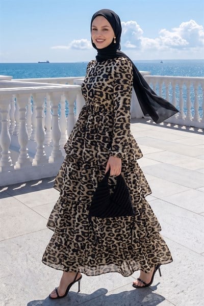 Leopar Desen Katlı Kuşaklı Sütlü Kahve Elbise