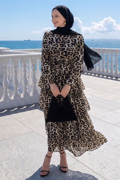 Leopar Desen Katlı Kuşaklı Sütlü Kahve Elbise