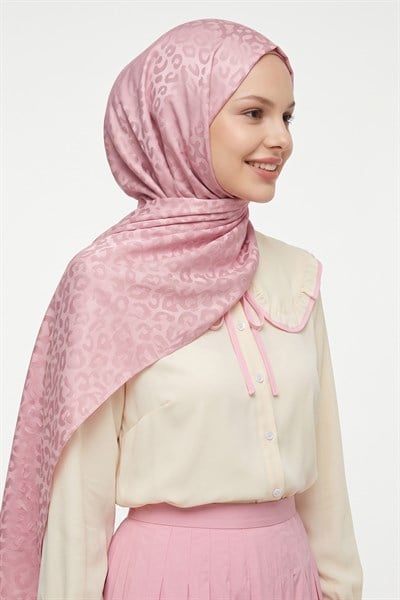 Leopar Desen Pembe Jakarlı Pamuk Şal
