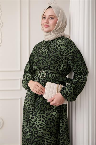 Leopar Desen Yeşil Viskon Elbise