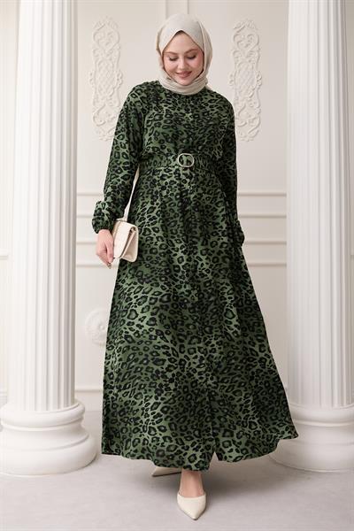 Leopar Desen Yeşil Viskon Elbise