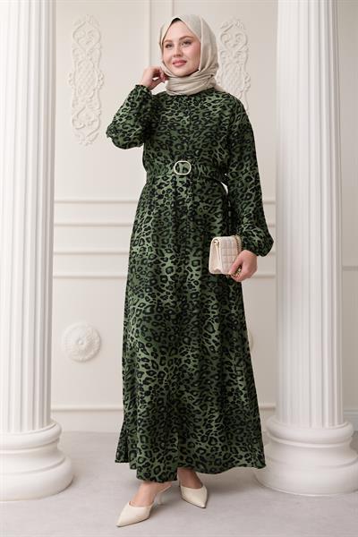 Leopar Desen Yeşil Viskon Elbise