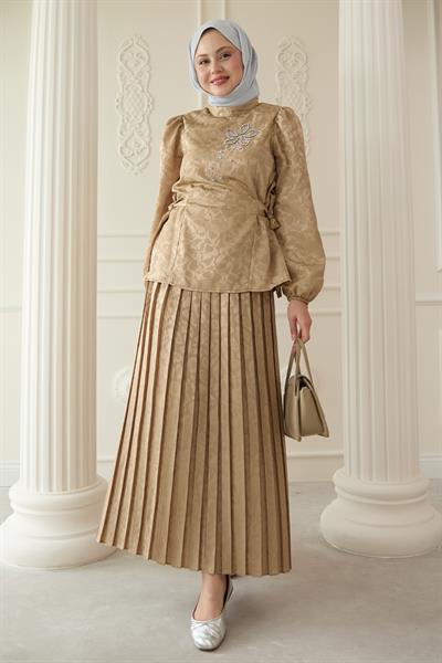 Leopar Desenli Jakar Etekli Bej Takım