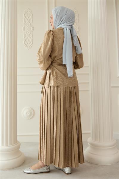 Leopar Desenli Jakar Etekli Bej Takım