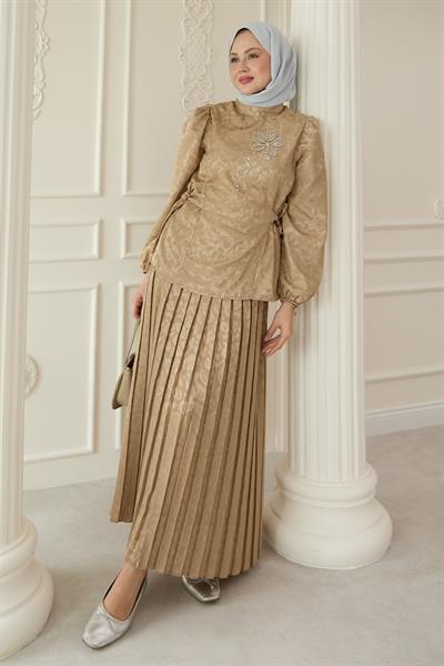 Leopar Desenli Jakar Etekli Bej Takım