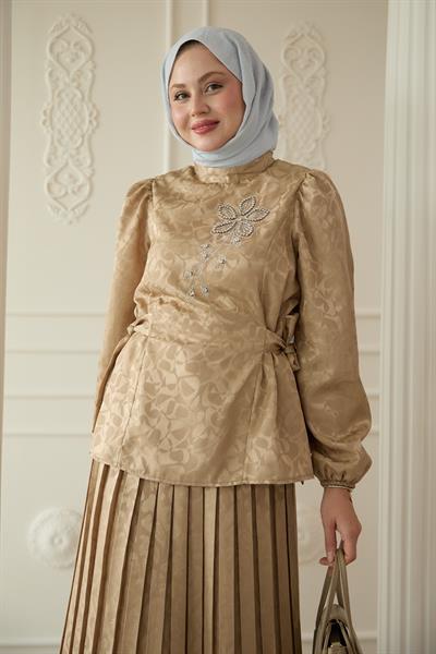 Leopar Desenli Jakar Etekli Bej Takım