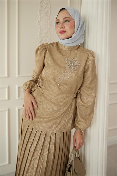 Leopar Desenli Jakar Etekli Bej Takım