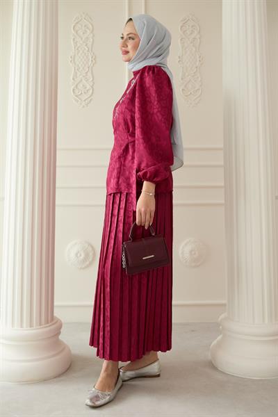 Leopar Desenli Jakar Etekli Fuşya Takım