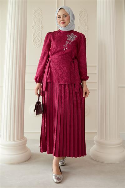 Leopar Desenli Jakar Etekli Fuşya Takım