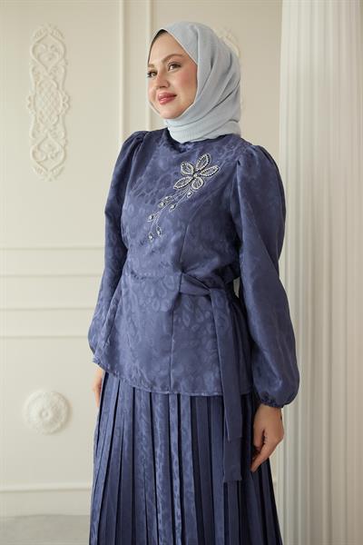 Leopar Desenli Jakar Etekli İndigo Takım