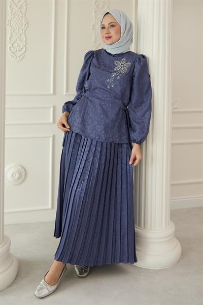 Leopar Desenli Jakar Etekli İndigo Takım