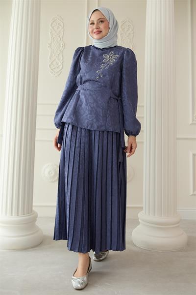 Leopar Desenli Jakar Etekli İndigo Takım