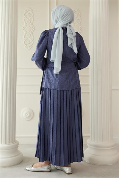 Leopar Desenli Jakar Etekli İndigo Takım