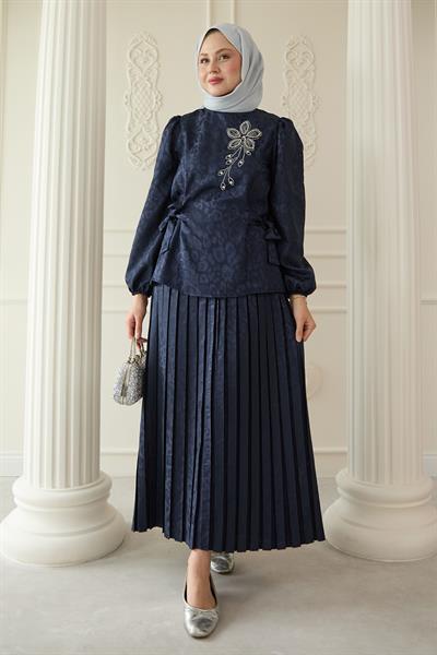 Leopar Desenli Jakar Etekli Lacivert Takım