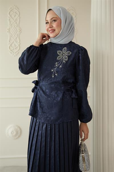 Leopar Desenli Jakar Etekli Lacivert Takım