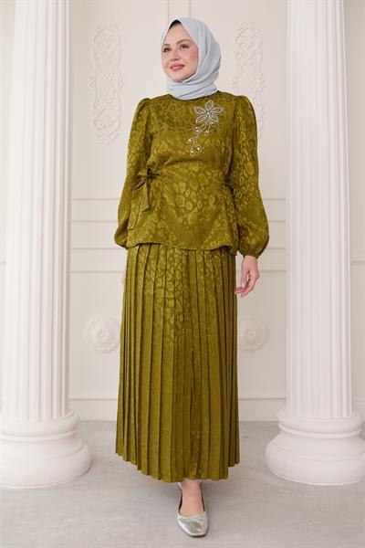 Leopar Desenli Jakar Etekli Yağ Yeşili Takım