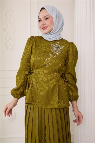 Leopar Desenli Jakar Etekli Yağ Yeşili Takım