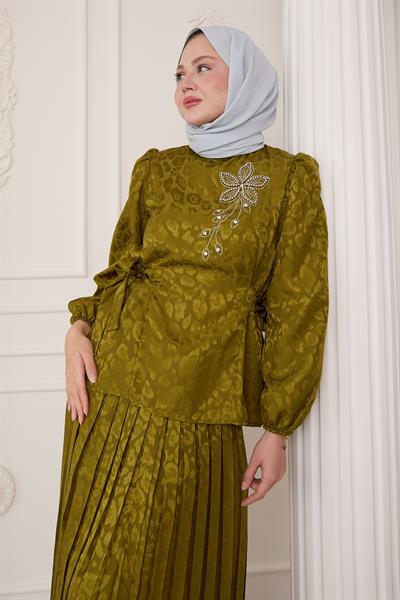 Leopar Desenli Jakar Etekli Yağ Yeşili Takım