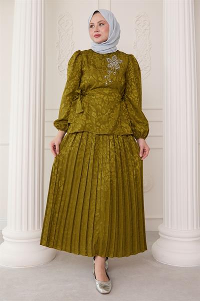 Leopar Desenli Jakar Etekli Yağ Yeşili Takım