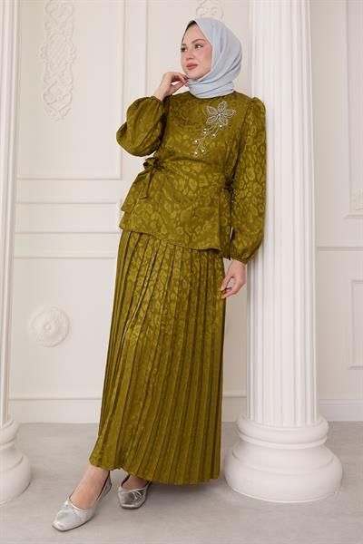 Leopar Desenli Jakar Etekli Yağ Yeşili Takım