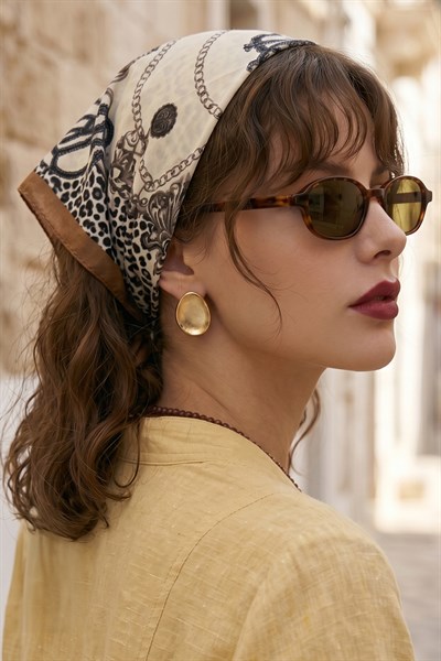 Leopar Desenli Kahverengi Bandana Fular 50x50