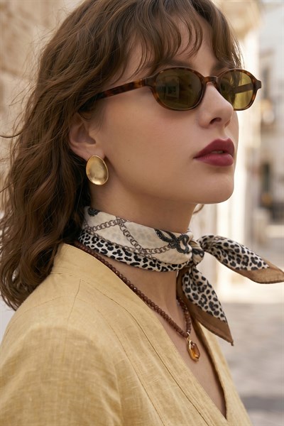 Leopar Desenli Kahverengi Bandana Fular 50x50
