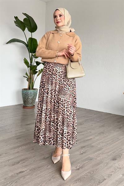 Leopar Desenli Piliseli Bej Etek