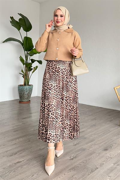 Leopar Desenli Piliseli Bej Etek