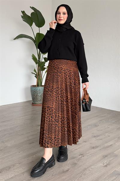 Leopar Desenli Piliseli Kahverengi Etek