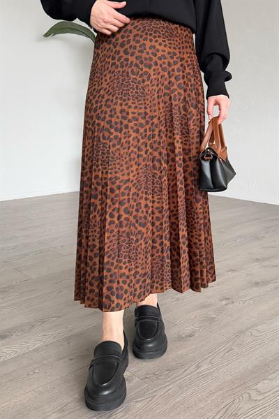 Leopar Desenli Piliseli Kahverengi Etek