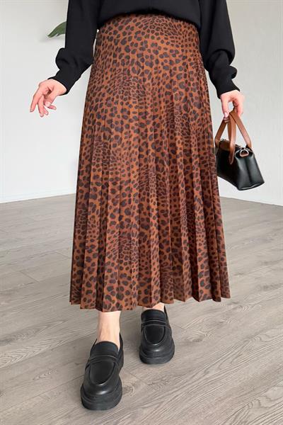 Leopar Desenli Piliseli Kahverengi Etek