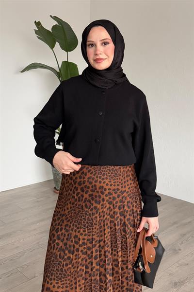 Leopar Desenli Piliseli Kahverengi Etek