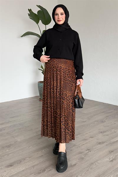 Leopar Desenli Piliseli Kahverengi Etek