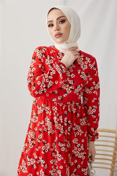 Lesa Çiçekli Hasır Kemerli Bordo Elbise