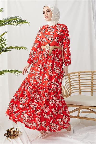 Lesa Çiçekli Hasır Kemerli Bordo Elbise