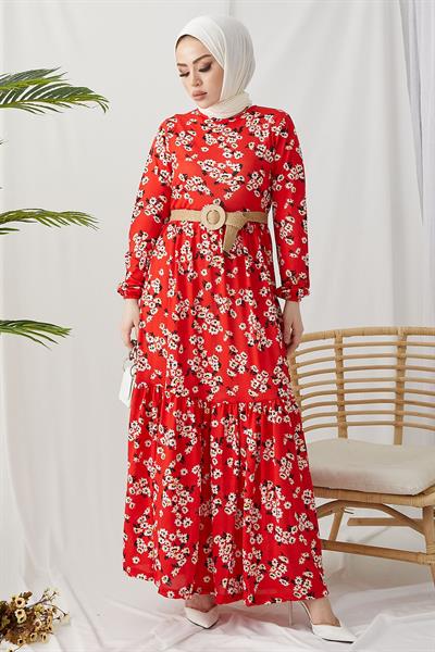Lesa Çiçekli Hasır Kemerli Bordo Elbise