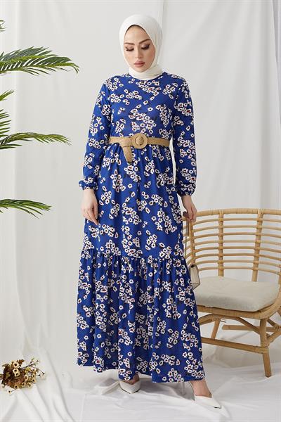 Lesa Floral Patterned Rattan Belt Indigo Dress