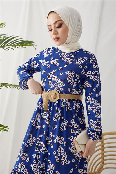 Lesa Floral Patterned Rattan Belt Indigo Dress