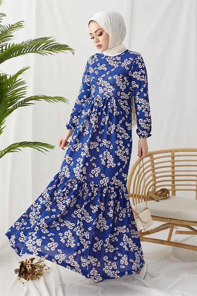 Lesa Floral Patterned Rattan Belt Indigo Dress
